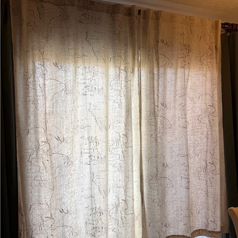 Pier 1 Cream Linen Blend Cartography Map World Patterned Curtains 52x84 set of 2